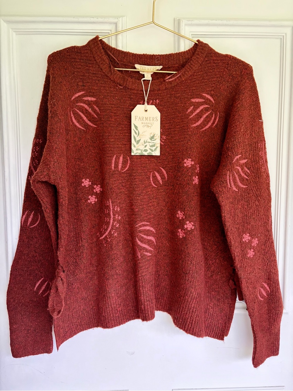 Farmers Market Rust Crewneck Sweater with Pink Accents